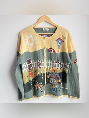 Vintage Fiberworks Artwear Hand Embroidered Cottage Cardigan Folk Art Sweater